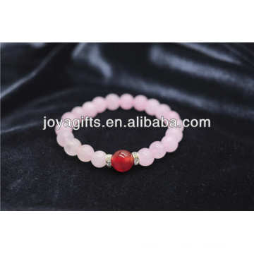 Natural 8MM Rose Quartz Stretch Bracelet With Red Agate 8MM Round Beads